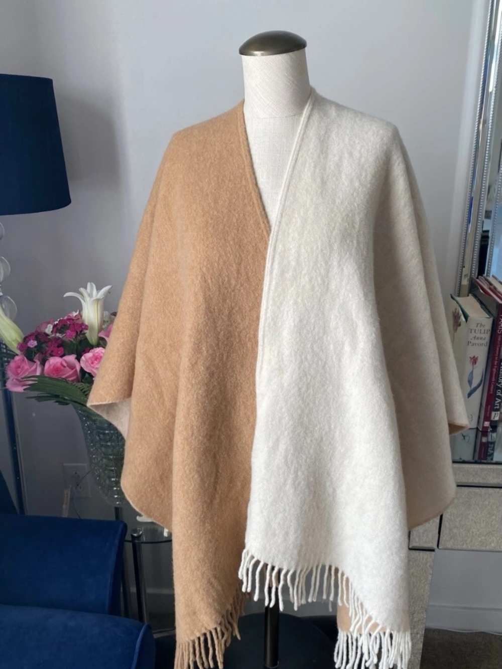 Women’s Marina Rinaldi By Max Mara Virgin Wool Cape With Fringes Tan And Cream
